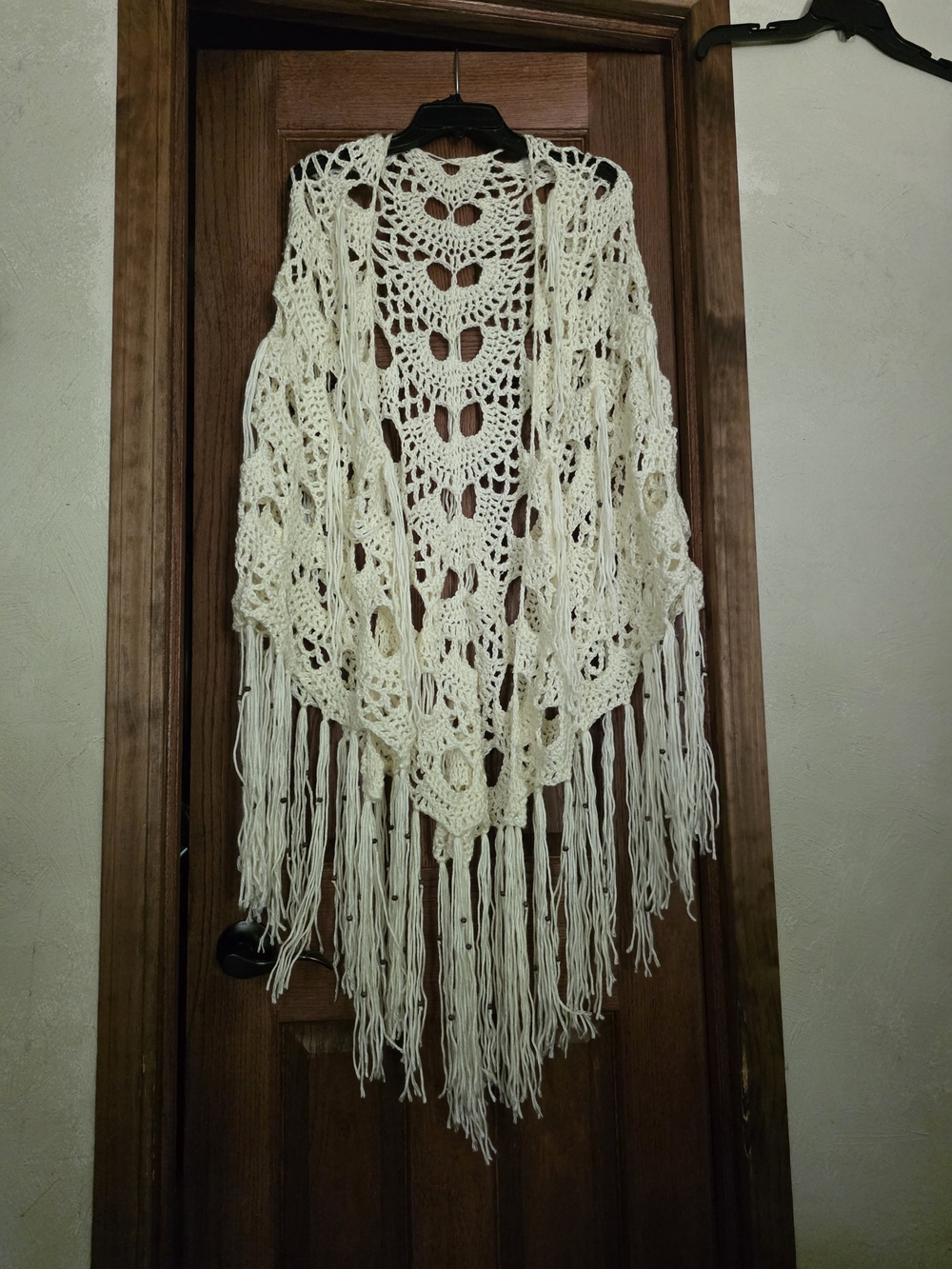 Boho Hippie Fringe Tassel Crochet Open Knit Beaded Shawl Wrap Poncho Handmade